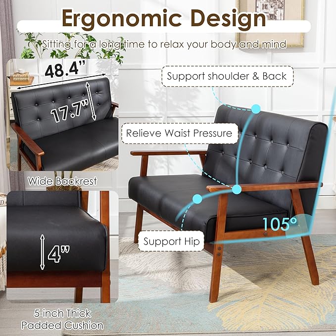 STHOUYN Black Small Leather Couch for Office, Booth Seating 2 Person Waiting Room Bench Couch, Mid Century Modern Loveseat Wood Sofa (Black)