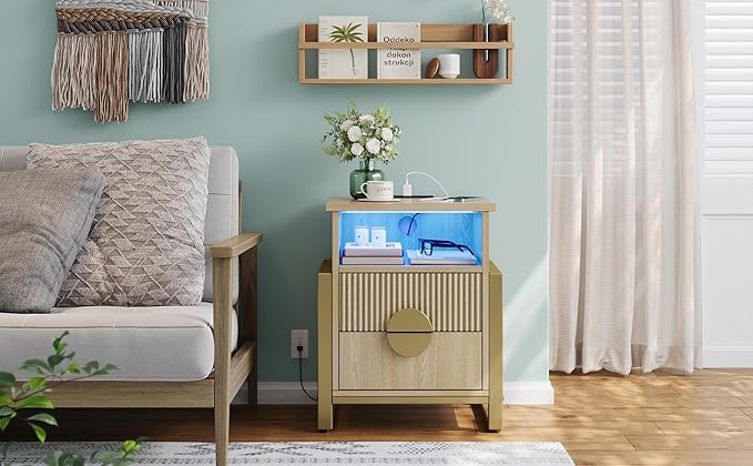 LGHM Set of 2 Large Fluted Nightstand with Charger Station Lights,20.47" W Night Stand with 2 Drawers, Accent Bedside Table and End Table,Semicylinder Drawer Front,Stable Raising Legs,Natural Oak