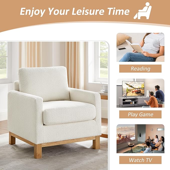 Accent Chair 29.5" Reading Chair, Modern Living Room Chair with Thick Cushion&Wood Base, Comfy Upholstered Boucle Armchair, Single Sofa for Bedroom, Office, White