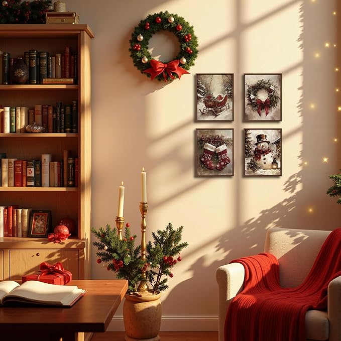 DOFQZ Vintage Christmas Wall Art Prints Set of 4, Rustic Red Christmas Decor, Farmhouse Holiday Winter Red Sleigh Stocking Wreath Snowman Posters for Home Living Room Bedroom Decor, 8x10 Unframed