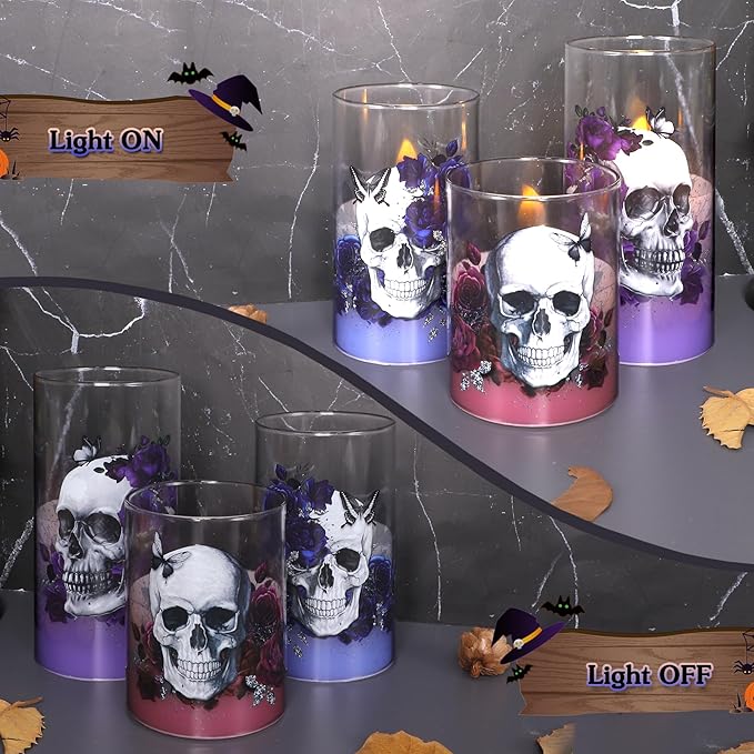 Halloween Glass Flameless Candles Romantic Gothic Skull Floral Battery Operated Remote Timer Flickering LED Pillar Candle for Wedding Party Goth Bathroom Decor