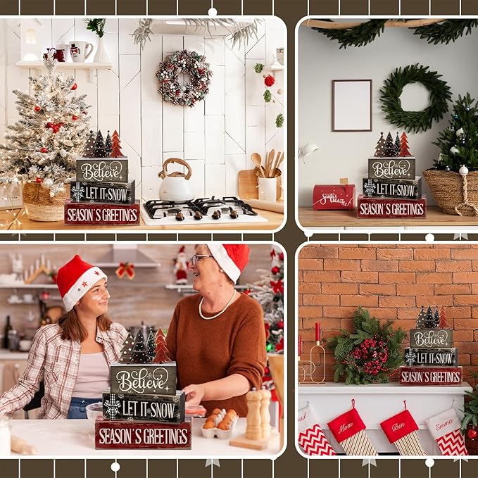 4 Pcs Christmas Table Decor Christmas Tree Centerpiece Rustic Decorative Tree Block Signs Gift Winter Tiered Tray Decor Farmhouse Winter Tabletop Decoration for Home Xmas Party Kitchen Shelf