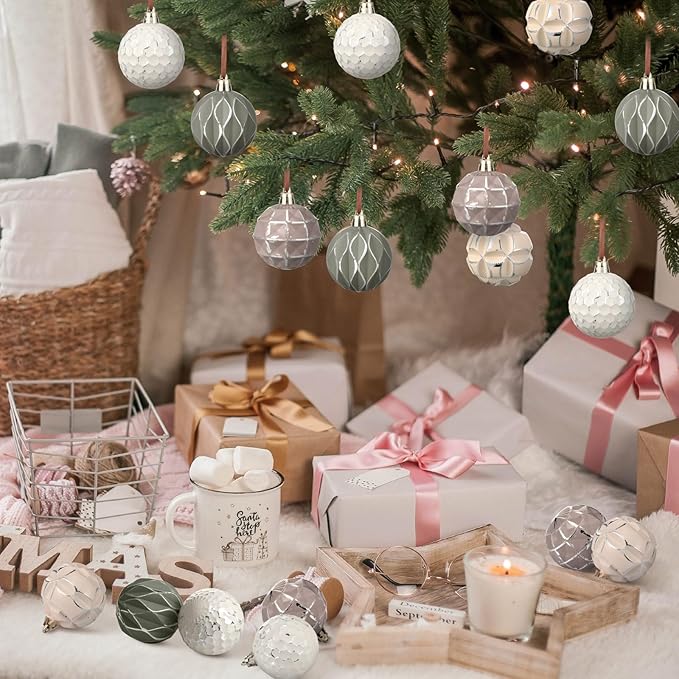 Syhood 24 Pcs Neutral Textured Christmas Ball Ornaments 2.4 Inch Vintage Xmas Tree Decorations Rustic Distressed Xmas Baubles Antique Farmhouse Modern Christmas Decor for Tree Home (Neutral)