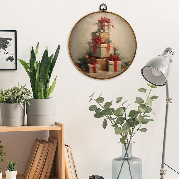 XPH Vintage Christmas Round Wall Art Framed, Winter Christmas Circle Wall Decor, Retro Cottagecore Holiday Gift Boxes Hanging Canvas Prints for Home Bedroom Living Room Decoration, 10x10 Inch