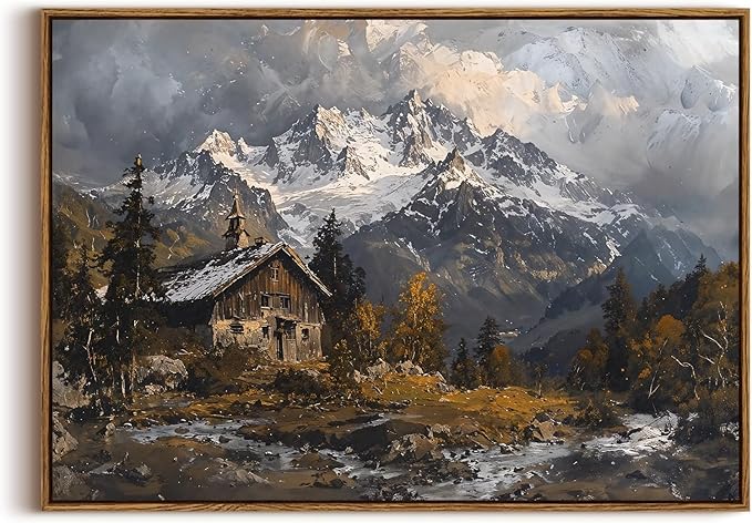 KISSFOX Vintage Landscape Alpine Canvas Wall Art Winter Farmhouse Snow Mountain Chalet Framed Wall Art Natural Countryside Paintings Artwork Rustic Art Prints For Bedroom Bathroom Living Room