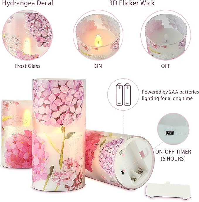 Flameless Candles Flicker LED Flame-Simulated, Pink Hydrangea Love Theme Realistic Glass Candles with Remote Timer, Lady's Gift Home Decor Bedroom Dinner Table Ornament 3" x 4" 5" 6"