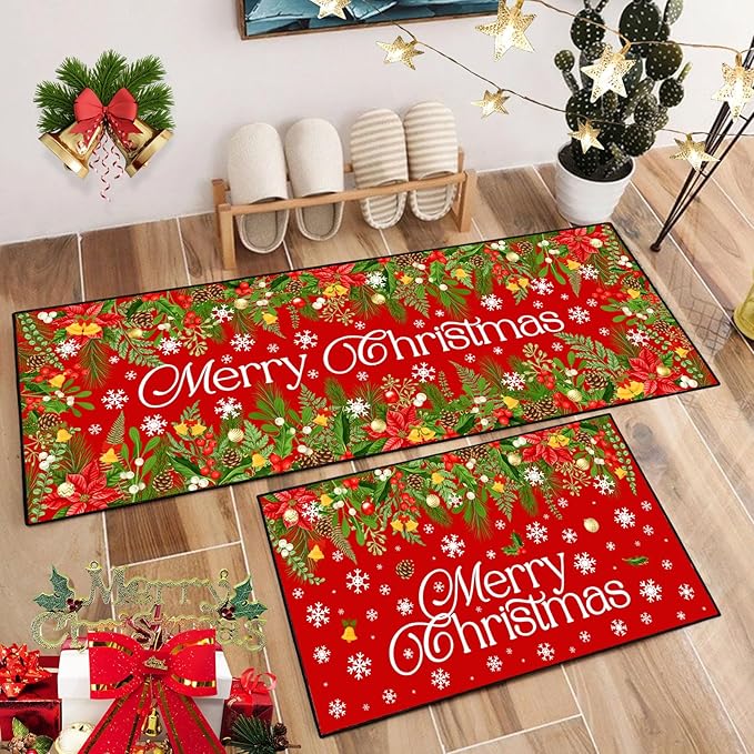 ACZHHZC Merry Christmas Kitchen Rugs and Mats Set of 2, Winter Snowflake Xmas Tree Holiday Home Kitchen Decor Floor Mats, Washable Non-Slip Sink Carpet (Christma 4, 17"x47"+17"x30")