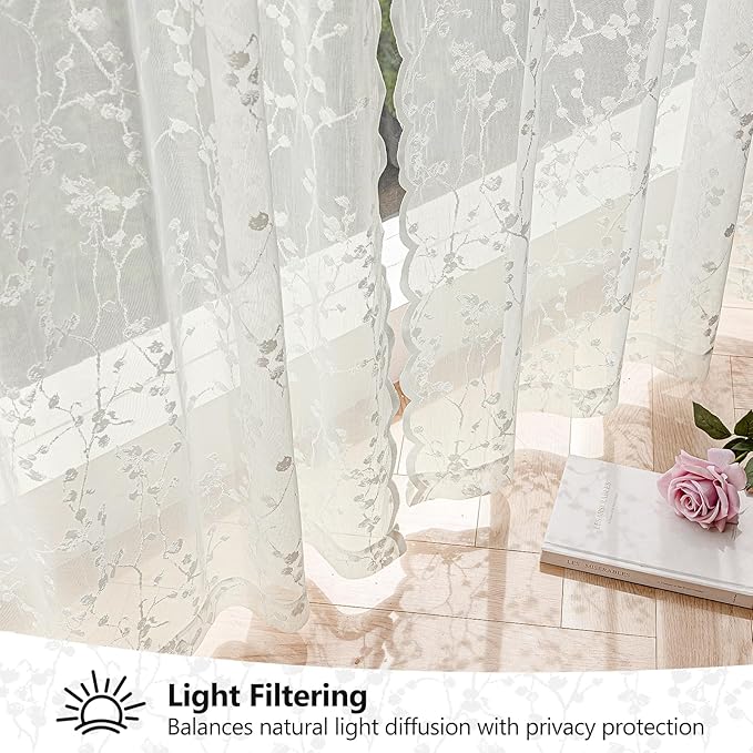 Ivory Lace Semi-Sheer Curtains – Vintage Branches Pattern for Bedroom/Bathroom, Light Filtering Rod Pocket Drapes, Privacy Chic Window Treatments Scalloped Hem, 52W x 72L Inch, 2-Panel Set