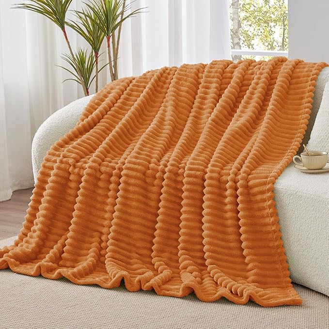 BEDELITE Twin Blanket for Couch & Bed, 300GSM Soft & Warm Fleece Blanket, Decorative and Giftable Striped Burnt Orange Blankets for Women, Men, 60"x80"