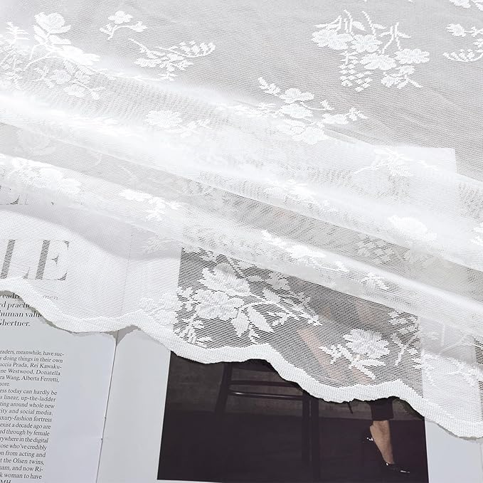 Sheer Lace Curtains 84 Inches Long, Vintage Floral Light Filtering White Lace Curtains for Living Room & Bedroom, Rod Pocket, 2 Panels Set, Tiny Flower Pattern (White, 52" W x 84" L)