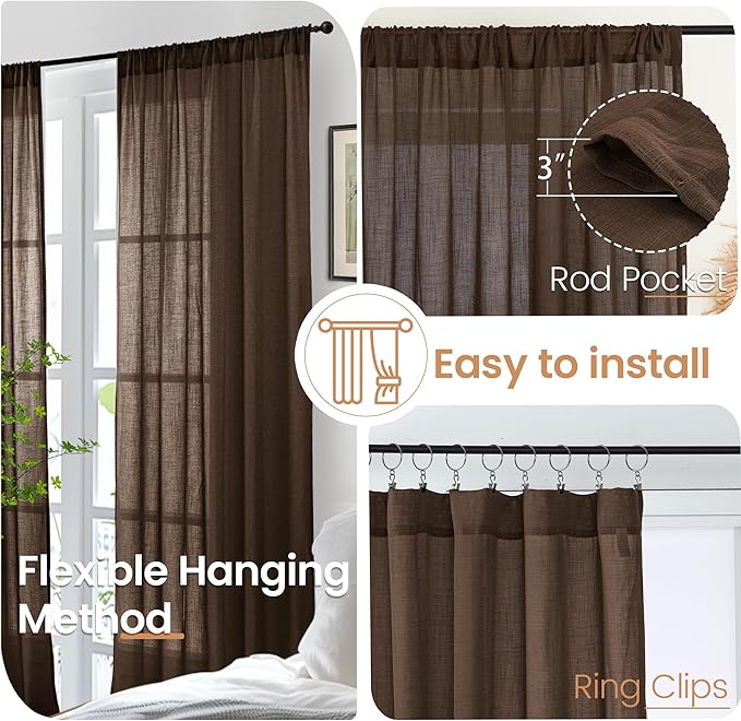 BGment Linen Curtains 90 Inch Length for Living Room, Semi Sheer Brown Long Window Drapes Rustic Textured for Farmhouse Beroom Dining Room Decor Rod Pocket Lightweight, 2 Panels Set, Each 52 Inch Wide