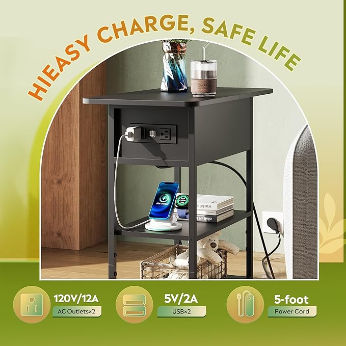 WLIVE End Table with Charging Station, Flip Top Side Table with Storage Shelf, Sofa Couch Table with USB Ports and Outlets, Narrow Bedside Table for Living Room, Bedroom ,11.81"D x 23.62"W x 24.33"H