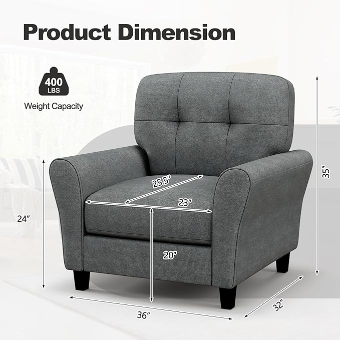 Giantex Modern Mid-Century Accent Chair Set of 2 - Linen Living Room Chair with Tufted Back, 7" Thick Cushion, Max Load 400 lbs, Upholstered Armchair, Club Chair for Bedroom, Grey
