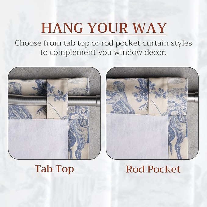 Maison d' Hermine Curtains for Living Room 100% Cotton 124 inch Length One Panel Light Filtering Toile Curtains for Bedroom Windows with Rod and Loop Pockets Drapes (The Miller Blue, 50" W x 124" L)