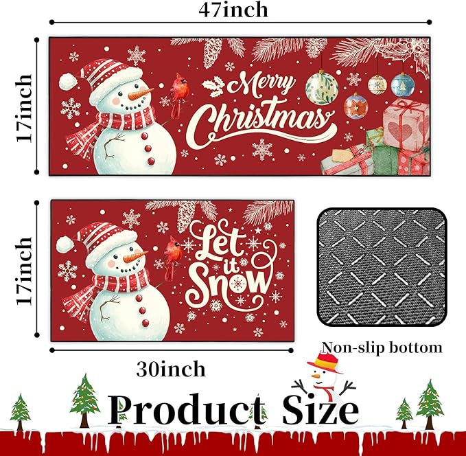 Christmas Snowman Kitchen Rugs Non-Slip Holiday Floor Mats 2 Piece Set Vintage Decor Soft Absorbent for Sink Front 17x30 and 17x47 Inches