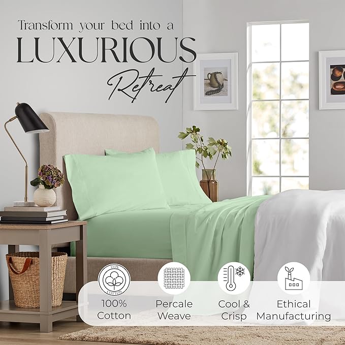 SUPREME ELEGANCE King Size Sheets Set –Natural 100% Cotton Percale Sheets King Bed Set, Oeko-tex Made in Green Sustainable, Breathable Cooling Deep Pocket Sheet, Crisp Luxury Bedding, Teal Green