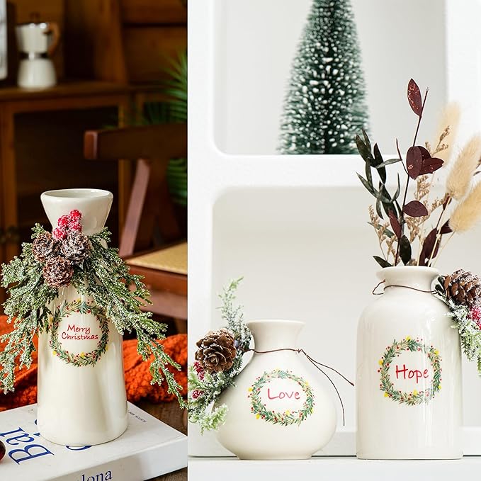 Christmas Vases Set 3, Ceramic Vase with Pine Branches and Pinecones Xmas Decorations Dinner Table Party Living Room Bedroom Decor