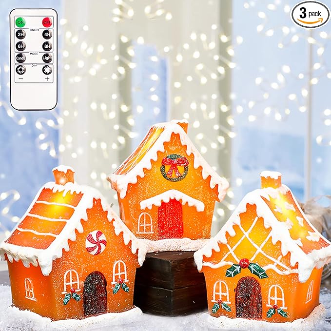 Christmas Gingerbread House Tabletop Decoration Lighted Christmas Village House Real Wax Battery Operated with Remote Flickering LED Light Christmas Village Decor for Mantel Desk Table Centerpiece