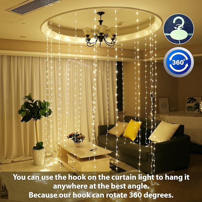 HXWEIYE 300LED Fairy Curtain Lights, 9.8x9.8Ft Tangle-Free USB Plug in 8 Modes Timer Christmas String Hanging Lights with Remote for Bedroom Backdrop Wedding Party Home Wall Garden, Warm White