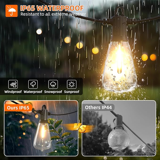 Kawaya Outdoor String Lights 100 FT LED Patio Light - 50+2 Shatterproof Vintage Edison Bulbs - 2700K Dimmable IP65 Waterproof Outside Hanging Lighting for Yard Porch Deck Balcony Bistro Cafe Party