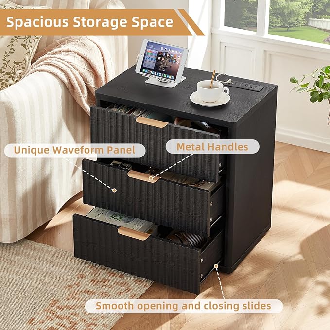 LEYAOYAO 23" Wide Fluted Night Stand with Charging Station,3 Drawers Large End Table with Storage,Black Nightstand Wood Bedside Tables, Farmhouse Cabinet Dresser for Bedroom,Closet