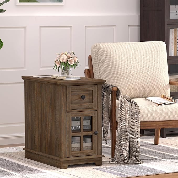 HIFYOBRO End Table with 1 Drawer, Storage Side Table with Flip Top Charging Station, Type-C & USB Port & Power outlets, Wooden Storage Cabinet for Bedroom/Living Room