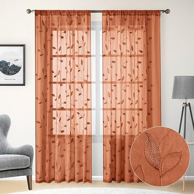 HOMEIDEAS Fall Burnt Orange Sheer Curtains 84 Inches Long 2 Panels Embroidered Floral Pattern Semi Sheer Window Curtains for Bedroom Living Room