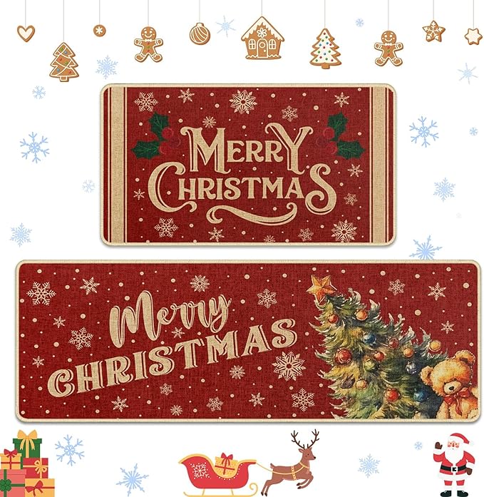 Christmas Snowflake Tree Kitchen Rugs and Mats Non Skid Washable Set of 2, Bear Xmas Kitchen Mats for Floor Decor