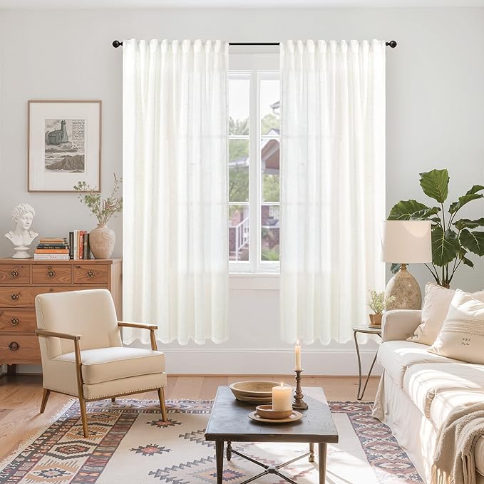 YoungsTex Linen Semi Sheer Curtains 72 Inch Length for Living Room, Ivory White Rustic Window Drapes Texutred Light Filtering with Rod Pocket Back Tab for Bedroom Dining, 2 Panels, 52 X 72 Inch