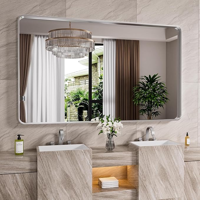 Brushed Nickel Bathroom Mirror 72x40 Inch, Brushed Silver Metal Frame Mirror Wall Mounted, Rounded Rectangle Bathroom Vanity Mirror, Tempered Glass, Anti-Rust, Horizontal/Vertical