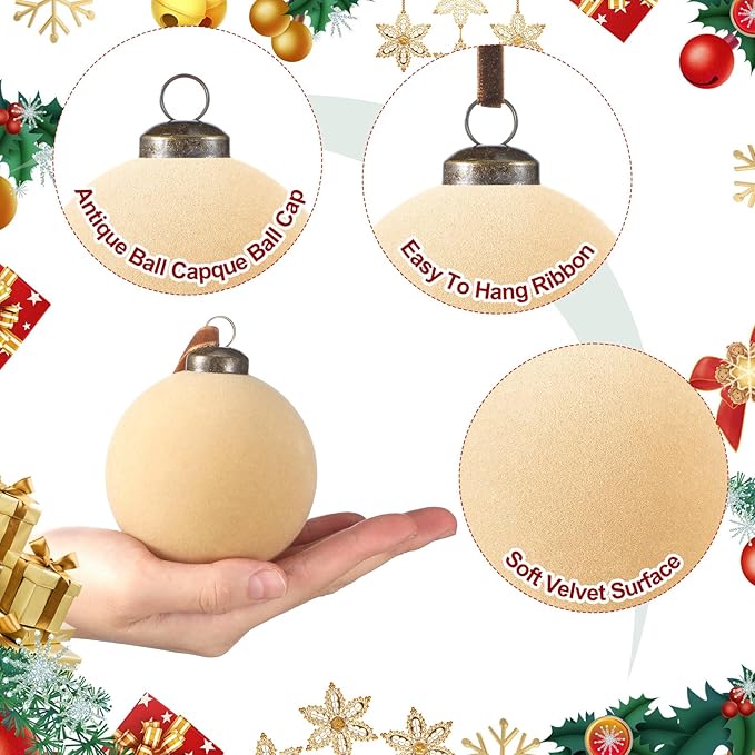 36 Pcs Velvet Christmas Balls Bulk - Flocked Christmas Tree Ball Ornaments Hanging Decoration for Xmas Tree, Wreath, Home or Party Decorations, 2.36", 2.76", 3.15"(Champagne)