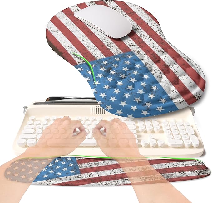 2-in-1 Ergonomic Set, Wave Rise Keyboard Wrist Rest and Massage Bulge Slope Mouse Pad Wrist Support, Cushion Memory Foam Integrated to Relieve Wrist Pain, American Flag