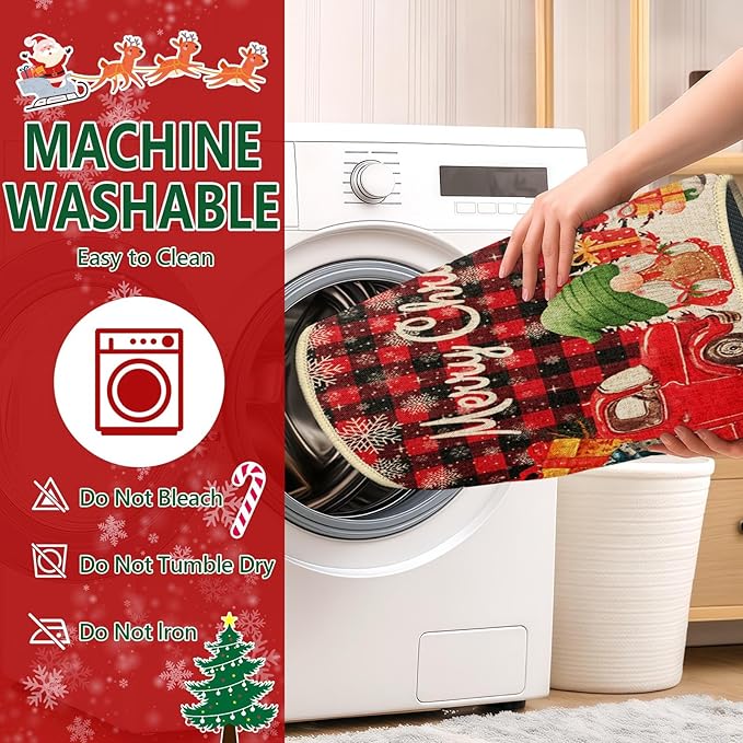 Christmas Trucks Red Buffalo Plaid Kitchen Rugs and Mats Non Skid Washable Set of 2, Gnome Xmas Kitchen Mats for Floor Decor
