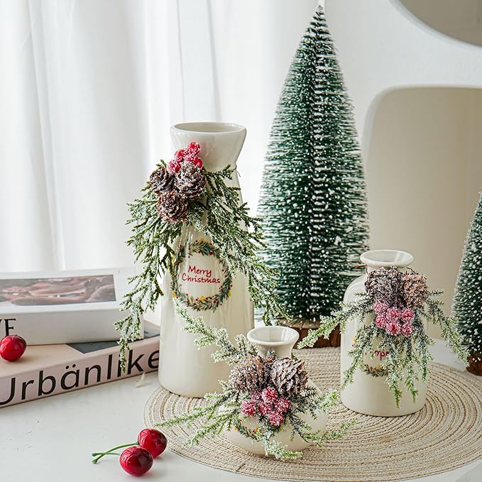 Christmas Vases Set 3, Ceramic Vase with Pine Branches and Pinecones Xmas Decorations Dinner Table Party Living Room Bedroom Decor