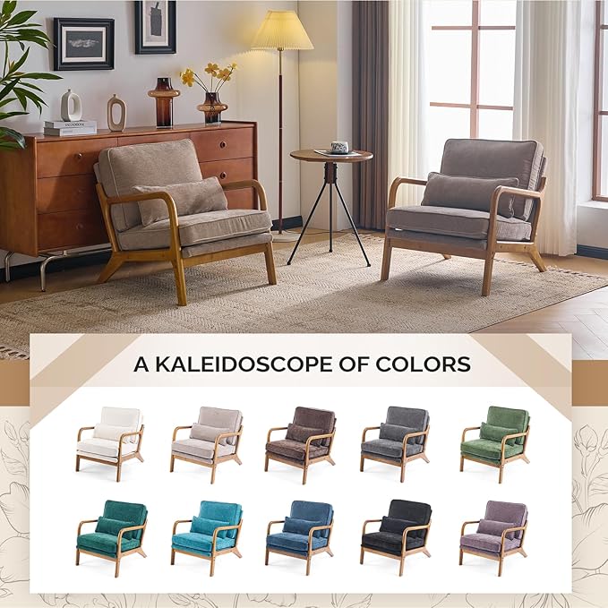 VINGLI Chenille Mid-Century Modern Accent Chair Set of 2, Cute Reading Arm Chair with Cushion & Lumbar Pillow & Solid Wood Frame for Lounge, Living Room, Reading Room, Bedroom, Light Khaki