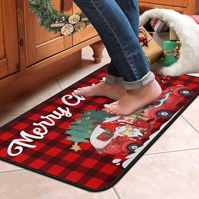 Buffalo Plaid Red Truck Christmas Kitchen Rugs 2 PCS, Merry Christmas Kitchen Rug, Non Skid Washable Soft Comfort Kitchen Rugs Set (17"x47"+17"x30",Merry Christmas)