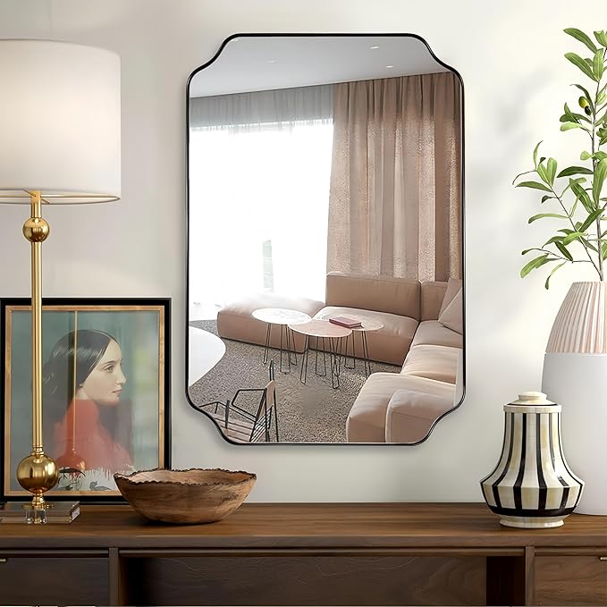 Black Bathroom Mirrors for Wall, 24x36 Inch Black Scalloped Rectangle Mirror with Rounded Notched Corner in Stainless Steel Frame Wall Mounted Vertical or Horizontal Ideal for Home Decor