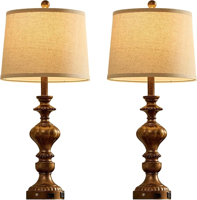 27.5" Farmhouse Table Lamps Set of 2 Bedside Nightstand Lamp with USB C+A Ports & AC Outlet, 3 Way Dimmable Touch Lamps for Bedroom Living Room Office Hallway Rustic Traditional Lamp (Copper)