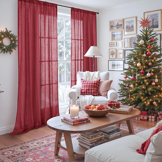 BGment Burgundy Semi Sheer Curtains for Living Room 84 Inch Length 2 Panels Set, Linen Textured Window Drapes Light Filtering with Rod Pocket for Bedroom Christmas Decor Lightweight, 52 X 84 Inch