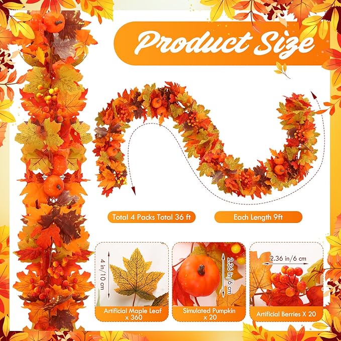 4 Pack Fall Maple Leaf Garland 9ft Autumn Maple Leaves Pumpkin Berry Garland Thanksgiving Halloween Mantle Fireplace Farmhouse Harvest Decorations for Home Outdoor Indoor Porch