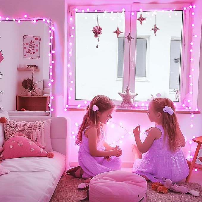 JMEXSUSS 100 LED Pink String Lights Indoor, Connectable Globe String Lights Plug in, 8 Modes 33ft Pink Christmas Fairy Light with Remote for Bedroom Girl's Room Dorm Anniversary Party Decor
