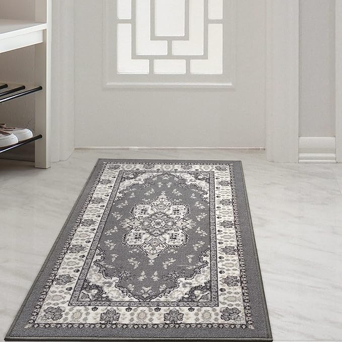 Antep Rugs Alfombras Oriental Traditional 2x4 Non-Skid (Non-Slip) Low Profile Pile Rubber Backing Kitchen Area Rugs (Gray, 2'3" x 4')