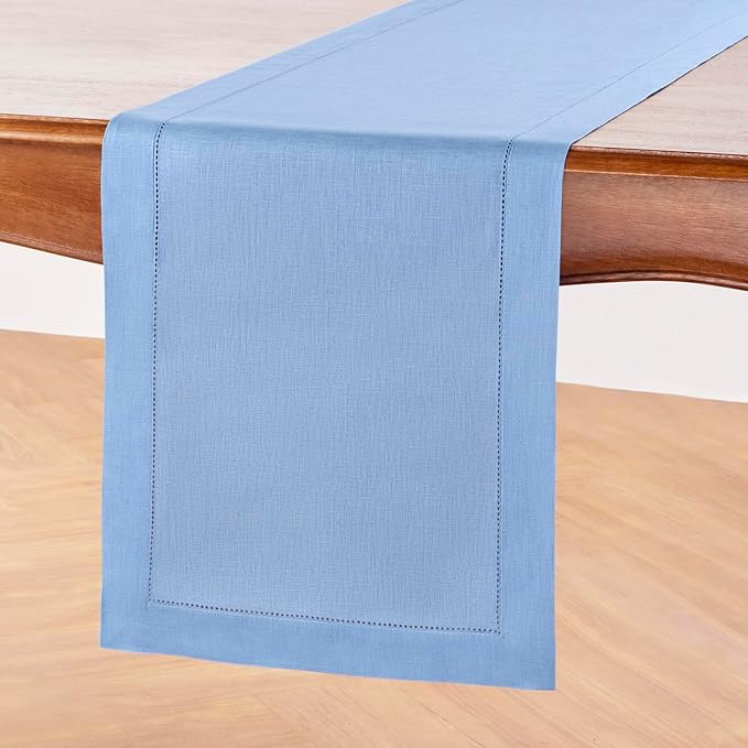 Solino Home Linen Cornflower Blue Table Runner 90 Inches Long - 100% Pure Linen Hemstitch 14 x 90 Inch Table Runner for Dining, Christmas, Holiday - Classic Hemstitch