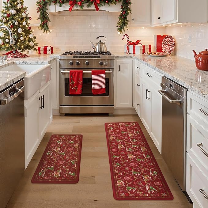 GENIMO Christmas Decorations - Kitchen Mats for Floor, 2PCS Christmas Kitchen Rugs, Cushioned Anti Fatigue Mat for Home Decor, Waterproof Non Slip Standing Mat for Laundry, 17.3"x59"+17.3"x30", Red