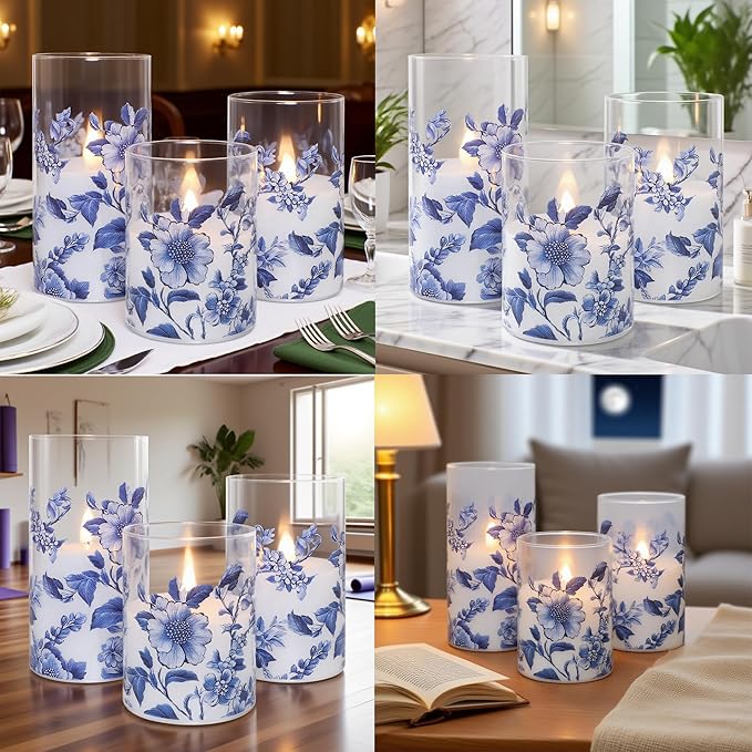 Flameless Candles Glass with Remote Control & Timer Function, Blue and White Porcelain Theme Design, Home Party Wedding Christmas Summer Decor, Set of 3