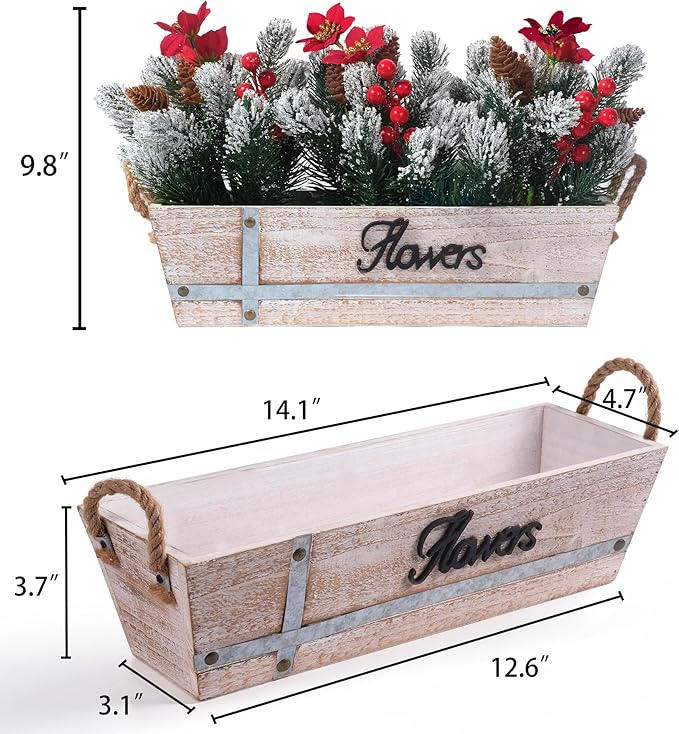 Artificial Christmas Centerpiece with Snowy Norfolk Pine Garland, Poinsettias, Berries & Pine Cones in Rustic Wood Planter – Holiday Table Decoration for Home, Kitchen, Office, or Mantel
