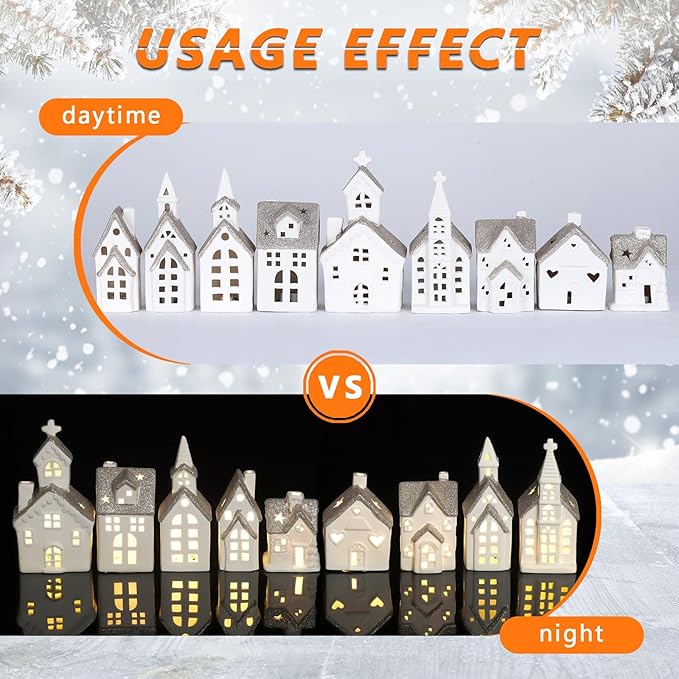 Set of 28 Ceramic Christmas Village Sets 9 Pieces White House with 17 Pieces Snow Tree 2 Lamp Vintage Christmas Decoration for Mantle Table Top Decor (Classic)