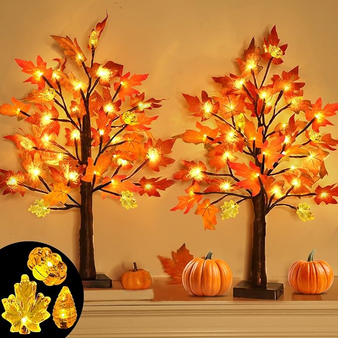 Fall Decorations for Home, 2 Pack 24''/2FT Prelit Fall Maple Tree Thanksgiving Decor Total 48 LED Timer Battery Operated Lighted Pumpkins Acorn Maple Autumn Thanksgiving Indoor Home Table Christmas