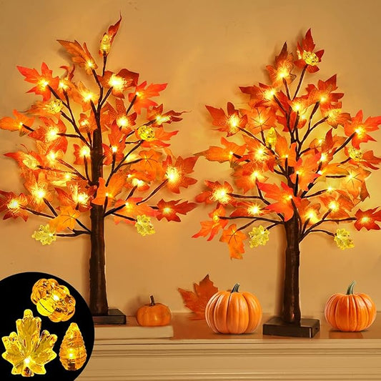 Fall Decorations for Home, 2 Pack 24''/2FT Prelit Fall Maple Tree Thanksgiving Decor Total 48 LED Timer Battery Operated Lighted Pumpkins Acorn Maple Autumn Thanksgiving Indoor Home Table Christmas