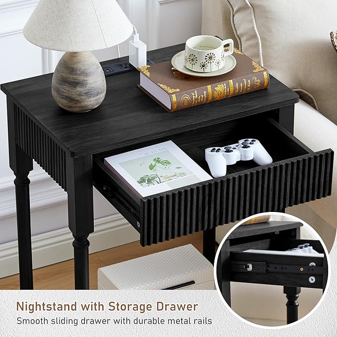 23.6” Large End Table with Charging Station, Modern Farmhouse Side Table Sofa Tables with Fluted Drawer, Wooden Bedside Table Night Stand for Bedroom Living Room Home Office, Black
